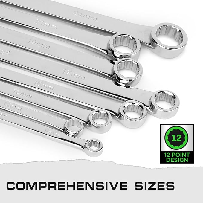 SWANLAKE GARDEN TOOLS 8-Piece Extra Long Double Box-End Wrench Set, Premium 12-Point Metric 8–24 mm, CR-V Steel, 15° Offset, Off-Corner Loading, with Tool Roll Bag