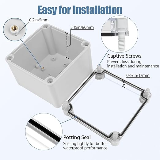 LeMotech Junction Box IP67 Waterproof Dustproof Electrical Box Project Box DIY Enclosure Gray with Transparent Clear Cover, External Size 4.9x4.9x3.9in (125x125x100mm)