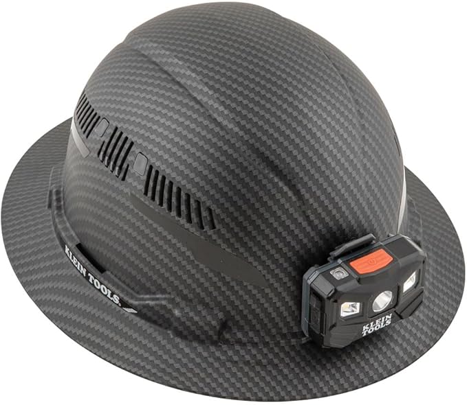 Klein Tools 60347 Hard Hat, Vented Full Brim, Class C, Premium KARBN Pattern, Rechargeable Lamp, Padded Sweat-Wicking Sweatband, Top Pad