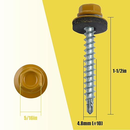 250pcs #10 x 1-1/2" Yellow Hex Head Self-Drilling Metal Roofing Screws, EPDM Washer, Colored Head, Wood Screws, Sheet Metal Roof Screw with Hex Driver Bit (Yellow, 1-1/2 in)