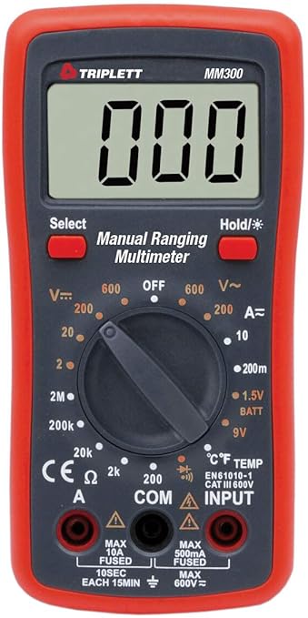 Triplett MM300 True RMS 2000 Count Manual Ranging Digital Multimeter - AC/DC Voltage, AC/DC Current, Resistance, Temperature, Diode, Continuity
