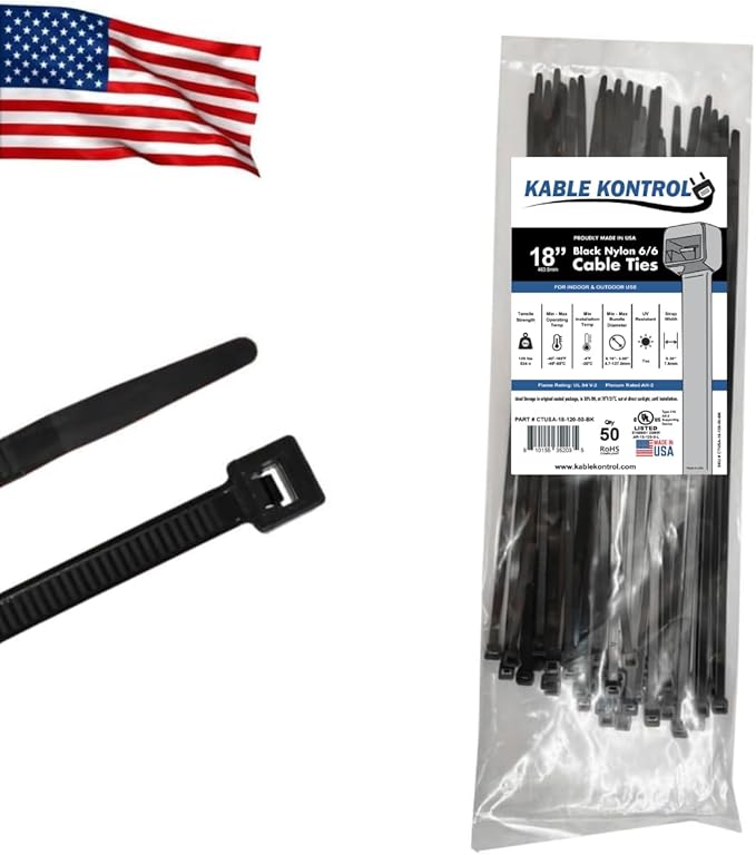 Kable Kontrol Made in USA Cable Zip Ties, 50 Pcs 18 Inch Black, 120 Lbs Tensile Strength, Self-locking UV Resistant Plastic Nylon Wire Ties, for Indoor or Outdoor Use