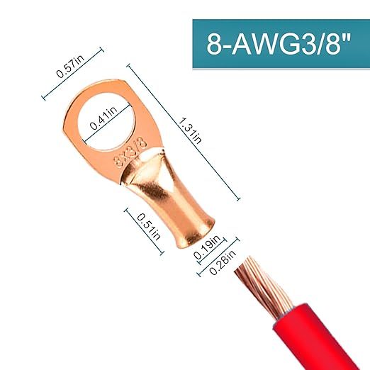 10 PCS Battery Terminal Connectors, Battery Cable Ends Lugs, 8 Gauge Wire Connectors, 8 AWG 3/8" Stud Ring Terminals, Copper Wire Lugs with Heat Shrink Tubing.