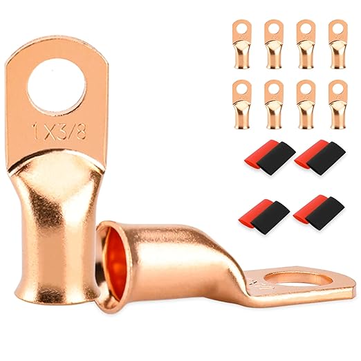 8 PCS Battery Terminal Connectors, Battery Cable Ends Lugs, 1 Gauge Wire Connectors, Ring Terminals, Copper Wire Lugs with Heat Shrink Tubing.