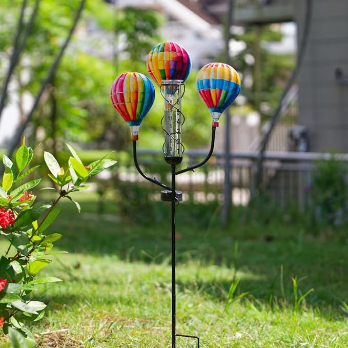 Solar Rain Gauge, Hot Air Balloon Rain Gauge Outdoor, Metal Rain Measure Gauge with 7 Inch Tube, Decorative Rainfall Measurement for Patio, Lawn, Garden