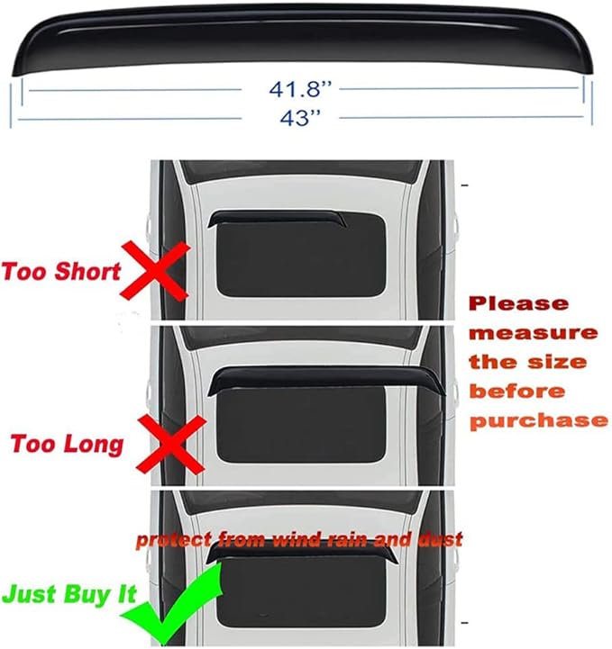 43inch Universal Shatterproof Sun Rain Guard Rainroof Top Wind Deflector,Tape On Dark Smoke Tint Auto Moonroof Window Visor Fit Sunroof Which Is Not Wider Than 41.8",Rainy Windy Sunny Protection RN110