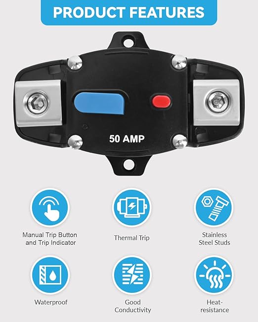 250 Amp Circuit Breaker 12-48 Volt DC 250A Self Recovery Resettable High Amp Circuit Breaker with Manual Reset Button for Automotive RV Marine Boat Car Audio and Amps Protection