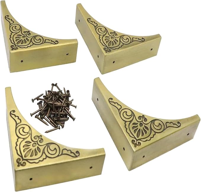 4Pcs Table Corner Protectors, 2.6"x2.6" Vintage Bronze Metal Corner Protector, Wooden Table Corner Guards, Triangle Edge Decorative, Metal Edge Safety Corner for Furniture Table Boxes Cabinet