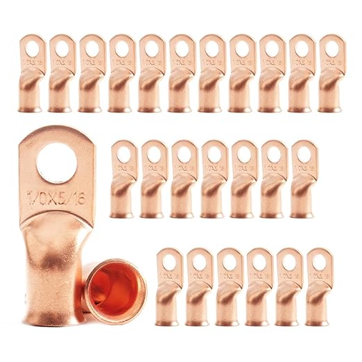 25pcs 1/0 AWG 5/16" Stud Copper Ring Terminals Battery Cable Ends Wire Lugs 1/0 Gauge Heavy Duty Cable Lugs Bare Copper Eyelets Tubular Ring Terminal Connectors