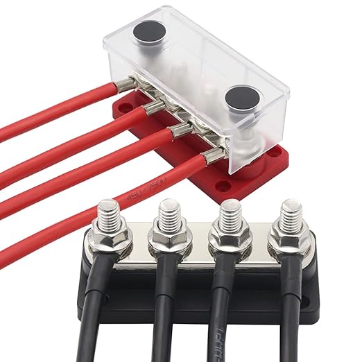 Bus Bars Copper 12V-48V 300A with 4 x 5/16”(M8) Posts Terminals Power Distribution Block, DC Battery Busbar 300 Amp for Car RV Solar Trailer Boat Marine Trucks, Red& Black 2 Pack