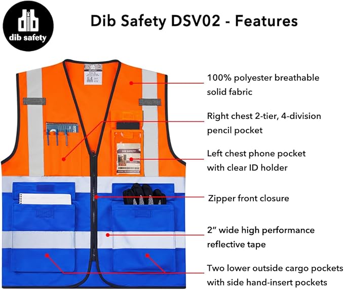 Dib Safety Reflective Vest ANSI Class 2, High Visibility Vest with Pockets and Zipper, Construction Work, Hi Vis
