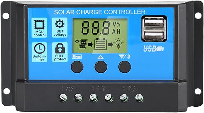 Anern 30A Solar Charge Controller, 12V/24V Dual USB Solar Panel Battery Intelligent Regulator with LCD Display, PWM Auto Parameter Adjustable, Timer Setting, Multiple Load Control Modes