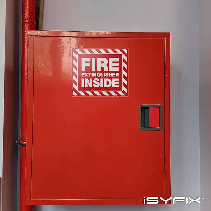iSYFIX Fire Extinguisher Inside Signs Stickers – 4 Pack 7x6 Inch – Self-Adhesive Vinyl Decals, Laminated for UV, Weather, Scratch, Fade Resistance, for Cars, Trailers, Rv's, Trucks and Vehicles