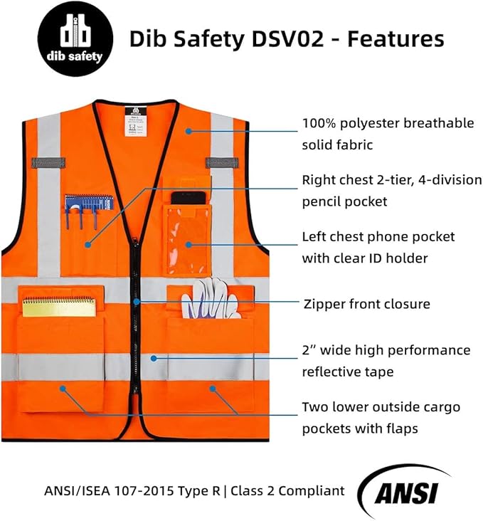 Dib Safety Reflective Vest ANSI Class 2, High Visibility Vest with Pockets and Zipper, Construction Work, Hi Vis