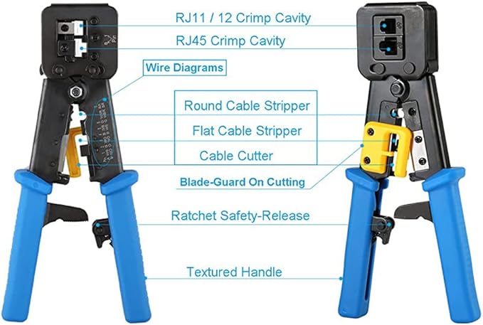 RJ45 Crimping Tool Ethernet Crimper for Cat6 Cat5 Cat5e RJ45 Pass Through Connectors and R11/RJ12 Regular Ends with 50Pcs Connectors, 50Pcs Covers and Mini Wire Stripper