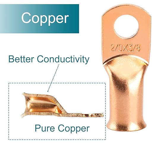 10 PCS Battery Terminal Connectors, Battery Cable Ends Lugs, 2 Gauge Wire Connectors, 2 AWG 1/4" Stud Ring Terminals, Copper Wire Lugs with Heat Shrink Tubing.