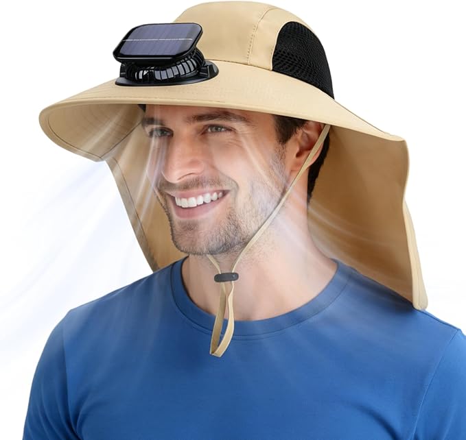 Solar Fan Hat Wide Brim Hat with Fan Sunscreene Neck Flap 3-Speed Outdoor Sun Hat for Fishing,Hiking,USB Solar Charging