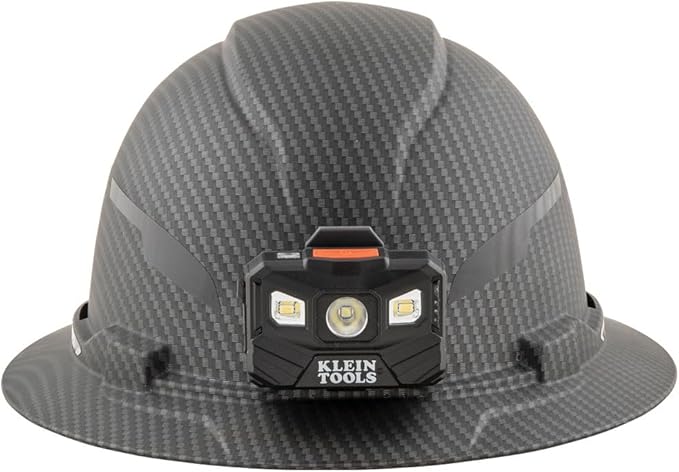 Klein Tools 60346 Hard Hat, Non-Vented Full Brim, Class E, Premium KARBN Pattern, Rechargeable Lamp, Padded Sweat-Wicking Sweatband, Top Pad