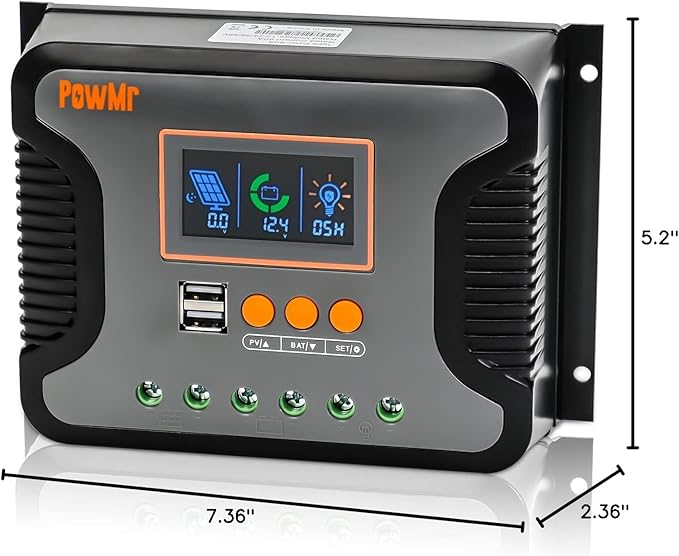 PowMr 30A 12V/24V/36V/48V PWM Solar Charge Controller w/ LCD Display USB Port for AGM, Gel, Flooded and Lithium Battery,for RVs, Yachts,Off-Gird, Max PV 100VDC,360W-1440W, Off-Gird Solar Controller
