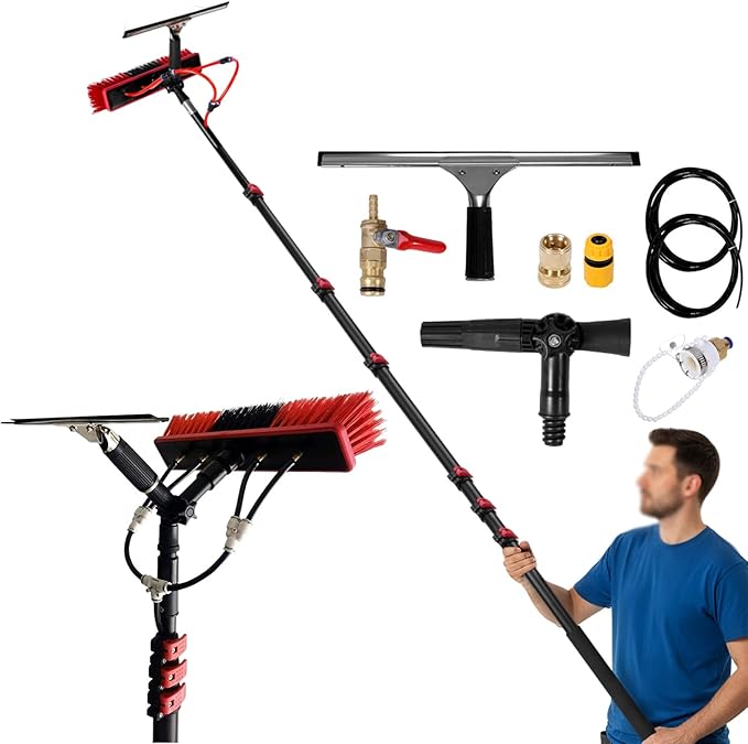 Solar Panel Cleaning Kit, Water Fed Pole Kit Adjustable Solar Panel Cleaning Kit Cleaner Tool for Window Glass Roof Outdoor Glass Brush Window Washing Equipment(30FT/9M)