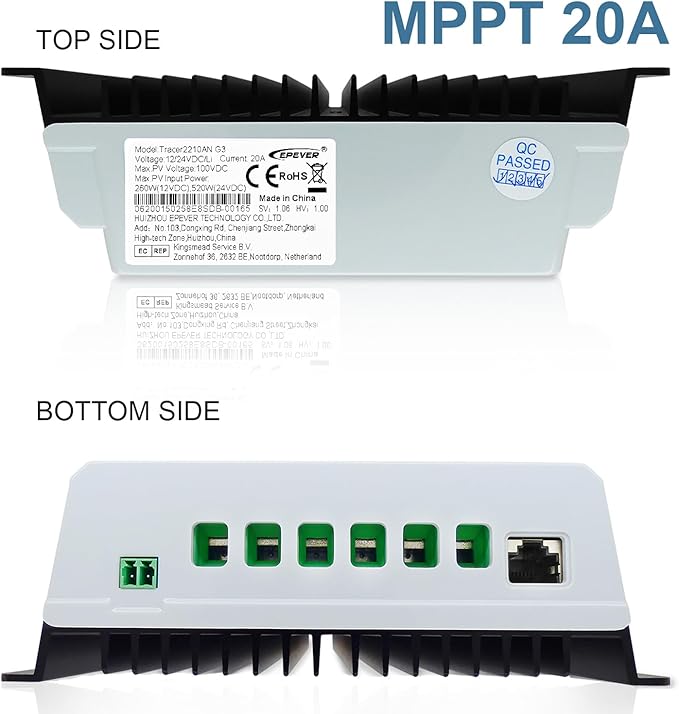 EPEVER 20A MPPT Solar Chagre Controller 12V 24V Auto, Max PV 100V Solar Panels Power 260W/520W Charger Regulator Tracer2210AN-G3 for Lead Acid, Lithium Battery