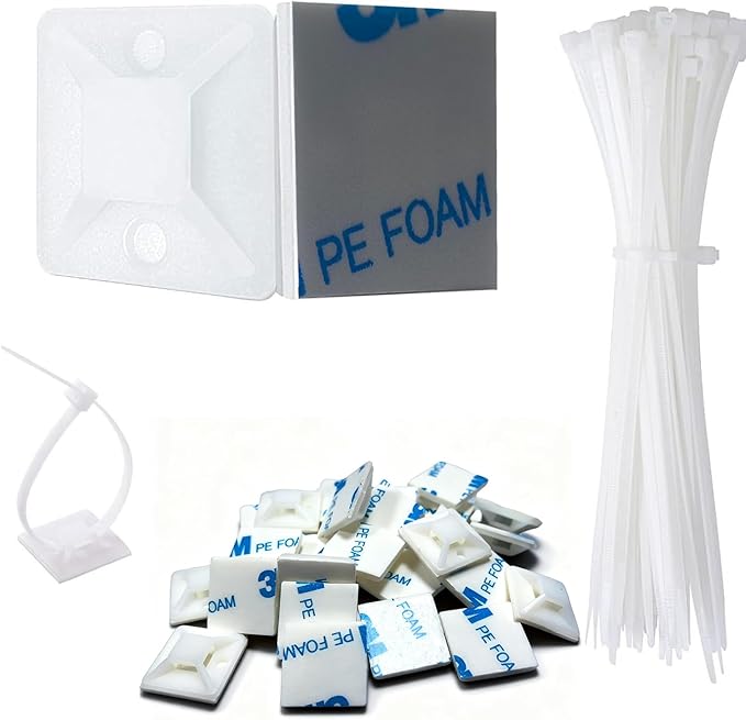 Strong Back-Glue Self Adhesive Cable Zip Tie Mounts Kit - 100 Set Cable Management Clips with 6" Zip Ties, Wire Holders - Outdoor Sticky Wire Organizer Clips - White
