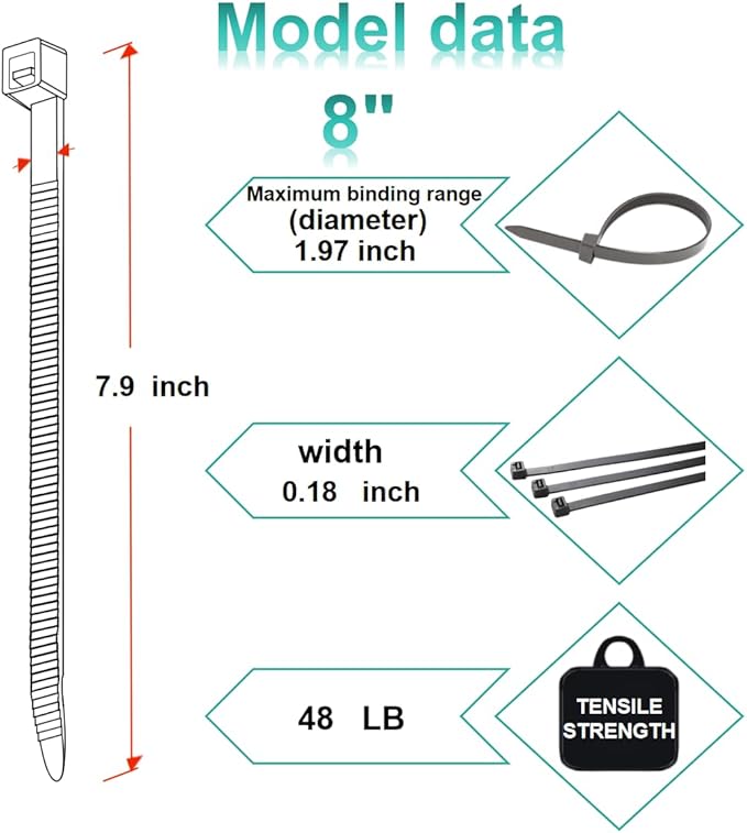 Zip Ties, Cable Ties, 1000Pcs 8Inch 48Lb Tensile Strength Black Premium Self-Locking Nylon Zip Ties For Home Office, Garden, Workshop Fences