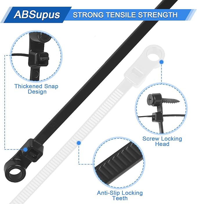 300 Pack Zip Ties with Screw Holes 12” & 10” 90 lbs Mounting Cable Ties, Black & White for Secure Indoor Outdoor Organization, Wire Ties with Screw Hole for Garage, Garden, Cable Management