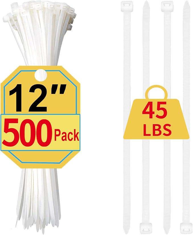 Zip Ties 12 Inch, 500 Pack, White Cable Ties for Multi-Purpose, Nylon/Plastic Wire Ties for Home Improvement, Office & Outdoor Use (Clear-Colored Style), 45lb Tensile Strength.