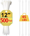 Zip Ties 12 Inch, 500 Pack, White Cable Ties for Multi-Purpose, Nylon/Plastic Wire Ties for Home Improvement, Office & Outdoor Use (Clear-Colored Style), 45lb Tensile Strength.