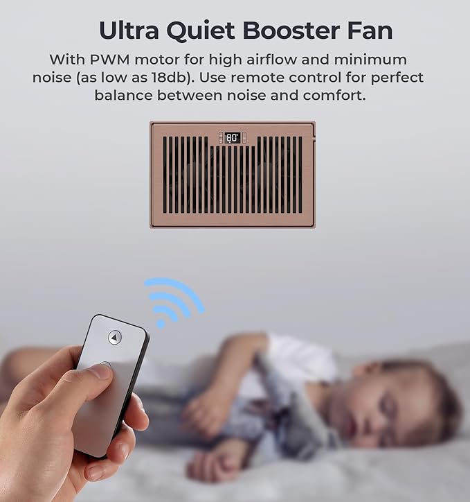 Quiet Register Booster Fan Fits 6" x 10" Register Holes, 10-Speed Smart Heating Cooling AC Vent Fan with Remote Control and Thermostat Control - Bronze