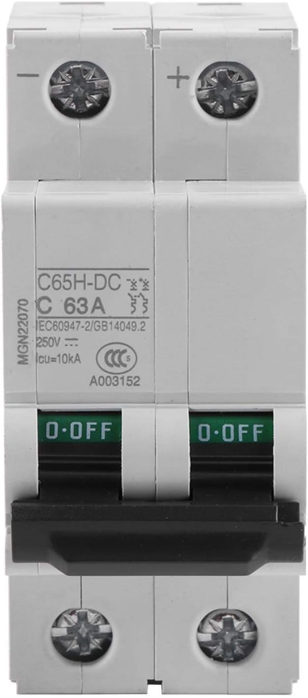 Solar Disconnect, Din Rail Dc Breaker 63 Amp Dc Breaker 250v Dc 2p Low-Voltage Miniature Air Circuit Breaker Solar Energy Switch Used for Solar Panels Grid System