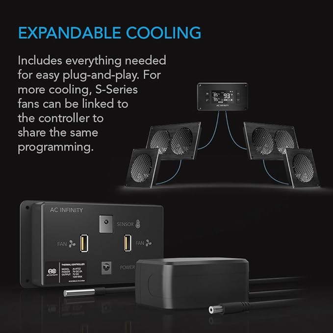 AC Infinity AIRPLATE T8, Quiet Cooling Dual-Fan System 6" with Thermostat Control, for Home Theater AV Cabinets