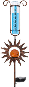WONDER GARDEN Solar Rain Gauge Outdoor, Sun Decorative Rain Gauges Outdoors Best Rated with Orange Crackled Glass Ball, Freeze Proof Water Rain Measure Gauge for Yard Patio Lawn Decor