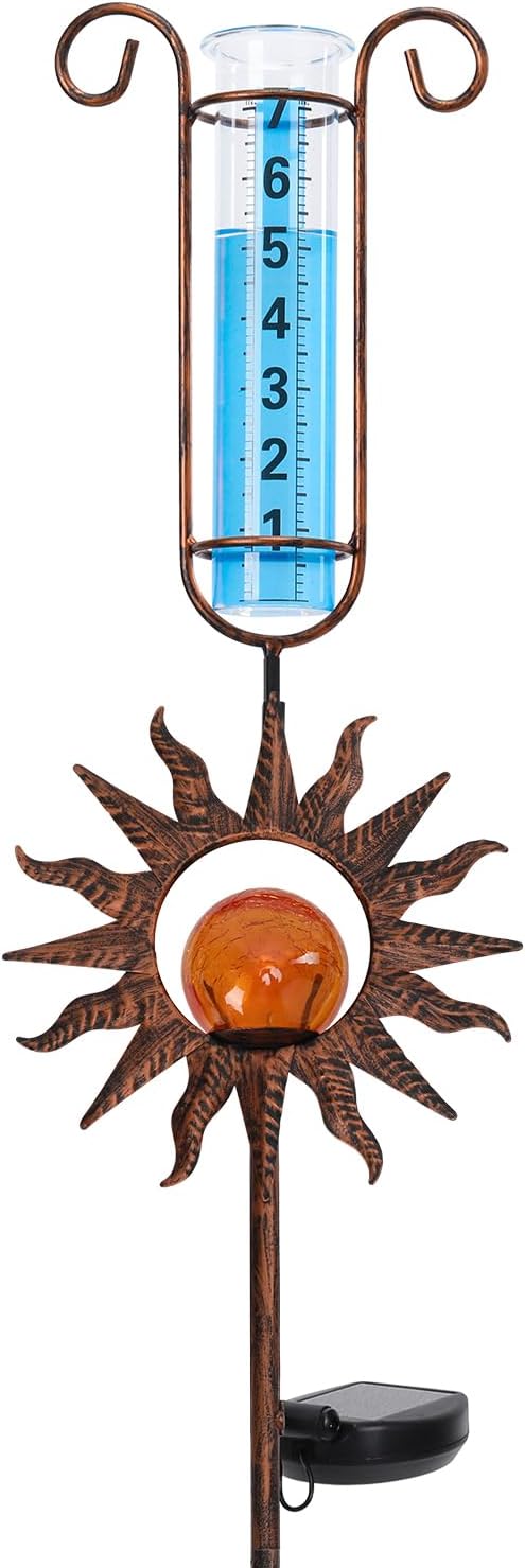 WONDER GARDEN Solar Rain Gauge Outdoor, Sun Decorative Rain Gauges Outdoors Best Rated with Orange Crackled Glass Ball, Freeze Proof Water Rain Measure Gauge for Yard Patio Lawn Decor