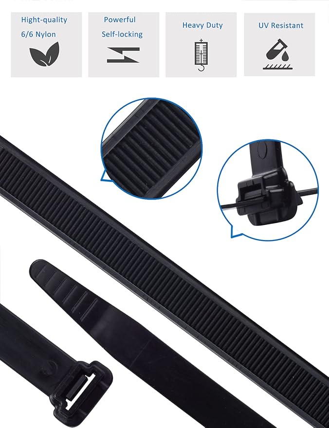 Cable Zip Ties(50-Piece) Industrial Ultra Heavy Duty Multi-Purpose，Length 9.1 Inch Width 0.51 Inch, 250 lbs Tensile Strength for Indoor and Outdoor UV Resistant,Black