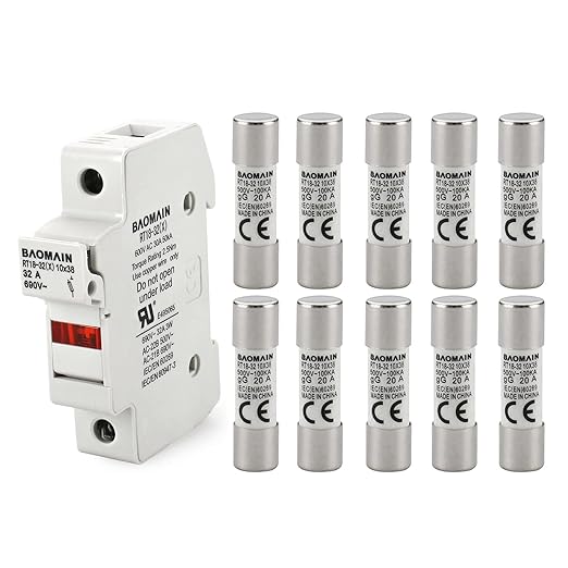 Baomain RT18-32 Fuse Holder Base with 10x20A Ceramic Fuses (10x38mm) – 1 Pole DIN Rail Mount, LED Indicator, CE Certified (20 Amp)