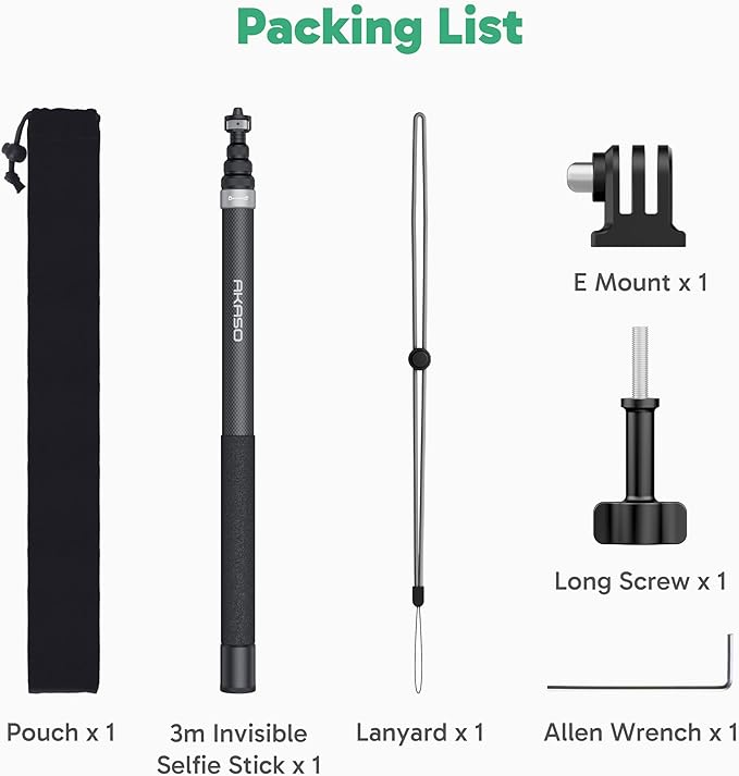 AKASO 118"/3m Invisible Selfie Stick - Carbon Fiber Extension Pole for Insta360 X5/X4/X3, DJI Osmo 360, GoPro Hero 13/12/11, AKASO 360/EK7000/EK7000 Pro, Brave 4/4 Pro, Brave 7/7 LE Action Camera