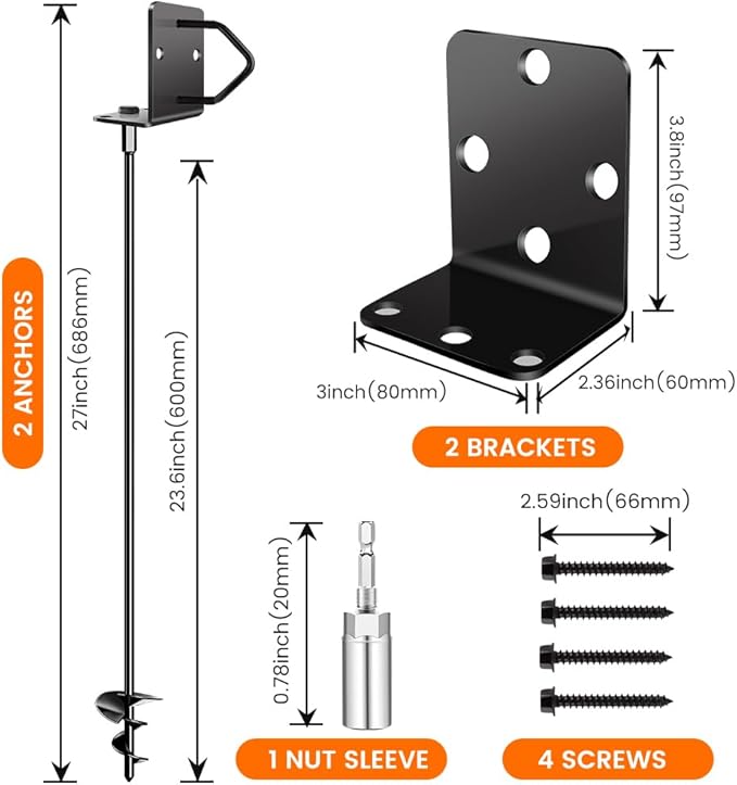 Ground Anchors Shed Anchors 27" Set of 2 Trampoline Stakes Screw in Heavy Duty Mobile Home - Storage Shed Anchor Kit - Playset Swing Anchors - Stakes for Fence,Carport,Garden (Black, 2 x 27in)