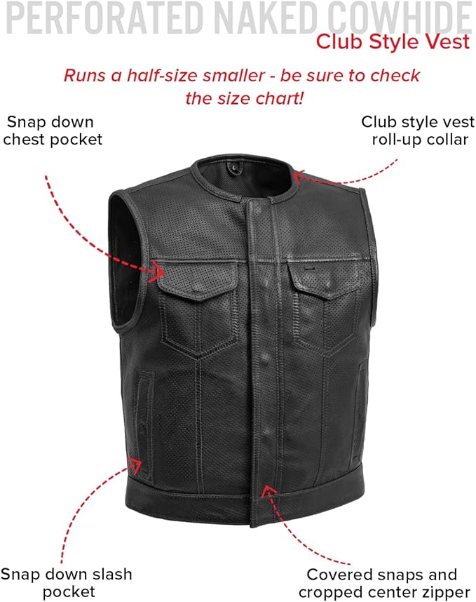 First Mfg Co - Lowside - Mens Motorcycle Biker Riding Canvas, Leather, Twill, Perforated Leather Vest