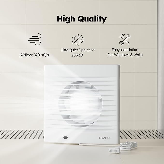 6 Inch Bathroom Exhaust Fan with Plug, 320 m³/h, 35 dB Ultra Quiet, Wall Window Mount Ventilation Fan for Large Bathroom, Kitchen, Laundry, Commercial Use