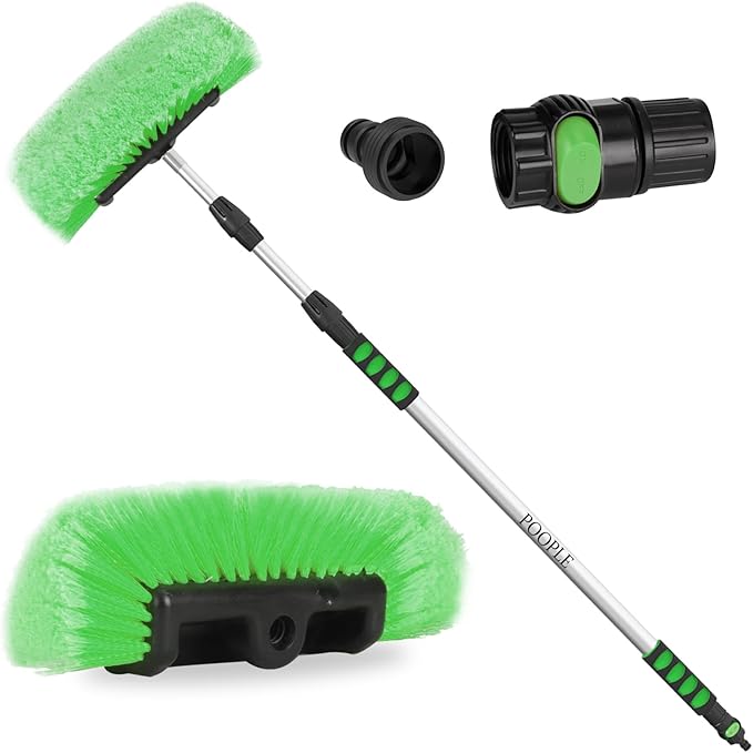 11' Car Wash Brush with Long Handle, 12-inch Flow-Thru Soft Bristle Car Cleaning Brush with Extendable Handle and Hose Attachment for Car, RV, SUV, Truck, Boat, House Siding, Solar Panels,Green