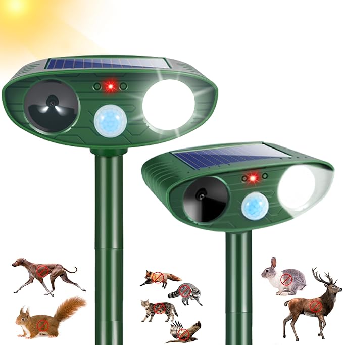 2Pack Solar Ultrasonic Animal Repellent Outdoor Rabbit Repellent Devices with Motion Detection&Flash Light Cat Repellent Keep Deer Raccoon Opossum Squirrel Away for Vegetable Garden Yard Lawn