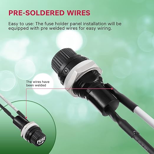 Panel Mount Fuse Holder - 5x20 mm, 250V AC/125V AC/12V DC, 10A/15A Fast Blow Glass Fuse Kit with Pre-Soldered Wires
