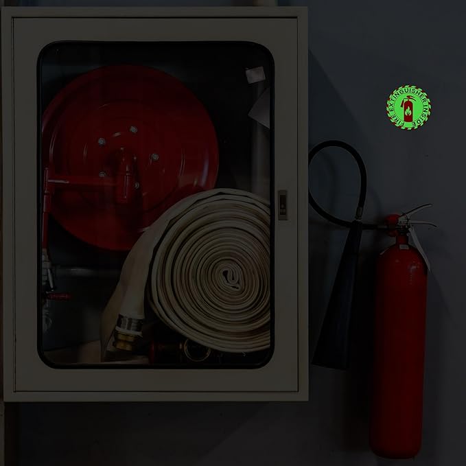 4 Pcs Fire Extinguisher Inside Sticker 2.76 x 2.76 Glow in the Dark Fire Extinguisher Sign Label Self Adhesive Waterproof Sticker for Indoor Outdoor Business Office Warehouse