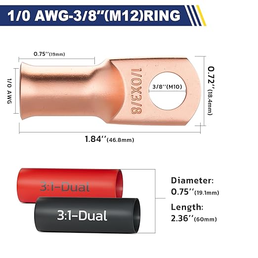 haisstronica 10pcs 1/0 AWG - 3/8"(M10) Battery Cable Lugs, Heavy Duty Copper Wire Lugs with 10pcs 3:1 Adhesive Heat Shrink Tubing,0 Gauge Wire Connectors Battery Terminal Connector,Battery Cable Ends