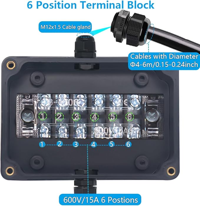 Project BoxI P67 Outdoor Waterproof Box Electronic Junction Box with 15A 600V Barrier Terminal 1IN/1Out Electrical Boxes Black with Fixed Ear 3.3x2.3x1.3 inch
