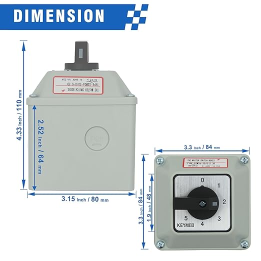 5-Way 2NO 2NC Rotary Changeover Switch with Exterior Box, 20A 660V Universal Selector Switch (6 Positions 3 Poles)