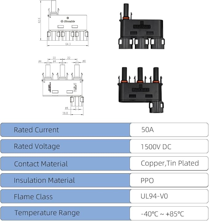 Solar Branch Connector IP68 1500V FMM+MFF, Y Connector for Parallel Connection Between Solar Panels, 1 Pairs (3 to 1)