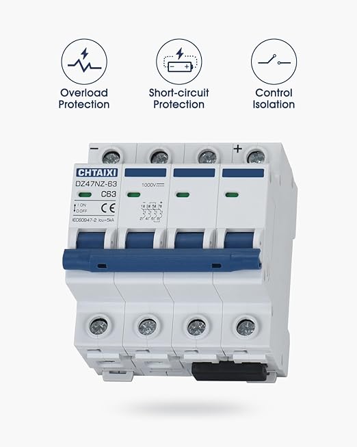 DC Miniature Circuit Breaker, 4 Pole 1000V 50 Amp Isolator for Solar PV System, Thermal Magnetic Trip, DIN Rail Mount DC Disconnect Switch C50